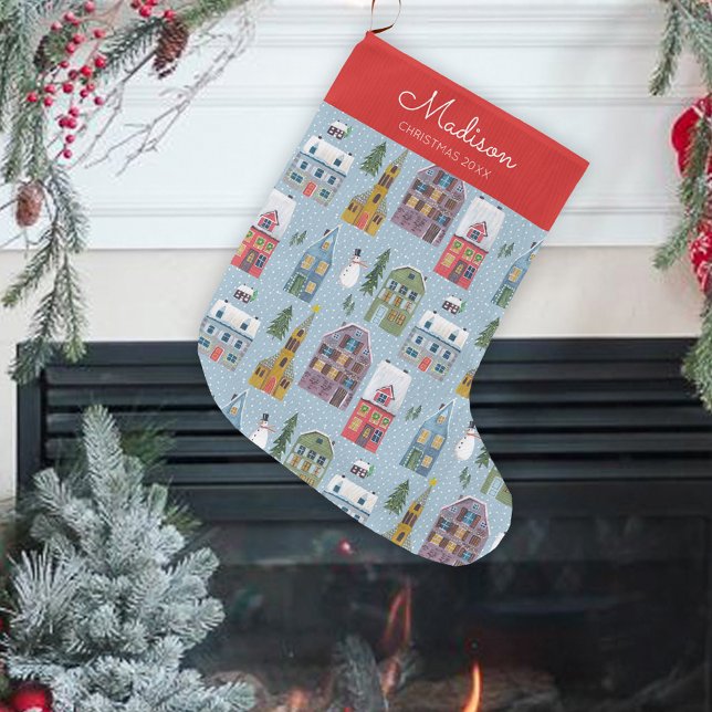 Niedliches Winter House Village Szene Weihnachtsmu Großer Weihnachtsstrumpf (Cute Winter House Village Scene Christmas Pattern Large Christmas Stocking)