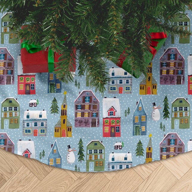 Niedliches Winter House Village Szene Weihnachtsmu Polyester Weihnachtsbaumdecke (Cute Winter House Village Scene Christmas Pattern Brushed Polyester Tree Skirt)