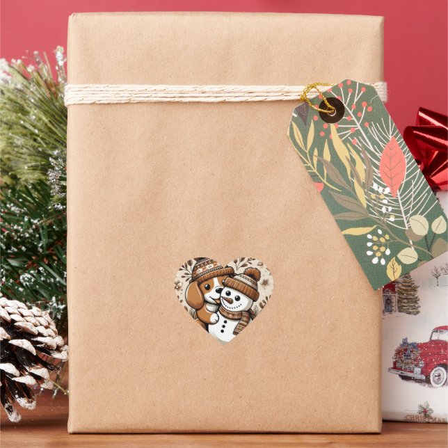 Niedliches WinterDuo: Hund in Gemustertem Hut und  Herz-Aufkleber (Feiertag)