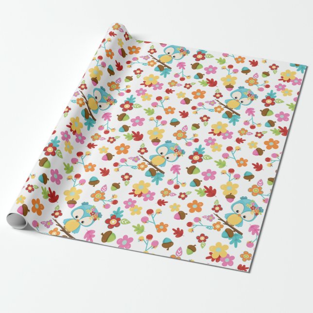 Niedliches Woodland Ewl & Blume Baby Girl Babydusc Geschenkpapier (Ungerollt)