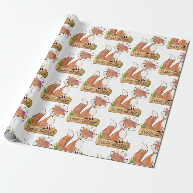 Niedliches Woodland Fox Happy Birthday Pattern Geschenkpapier (Ungerollt)