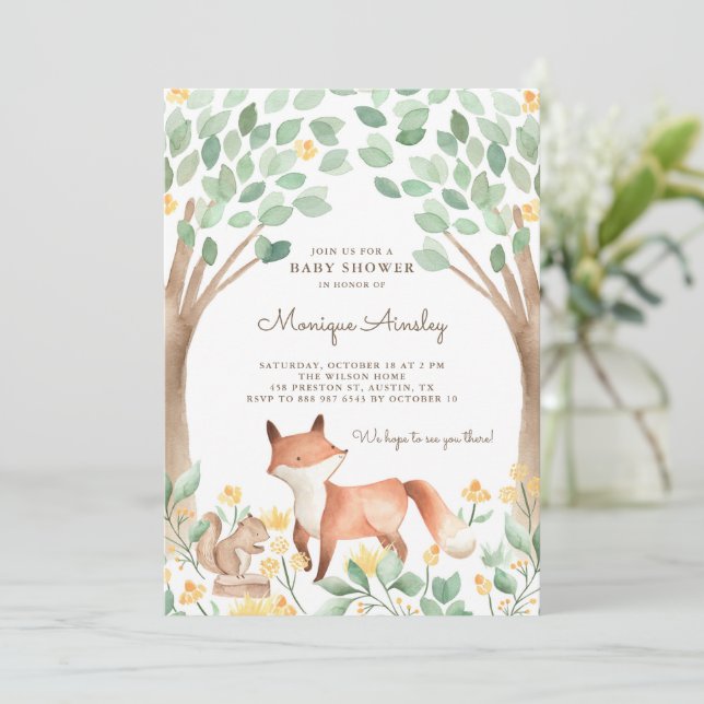 Niedliches Woodland Fox Kinderdusche Einladung (Stehend Vorderseite)