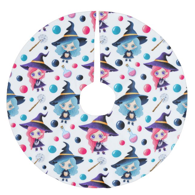 Niedliches Zauberhexen-Muster Polyester Weihnachtsbaumdecke (Vorderseite)