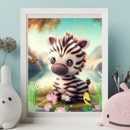 Niedliches Zebra in der Nähe eines Sees mit Blume  Poster