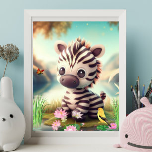 Niedliches Zebra in der Nähe eines Sees mit Blume  Poster