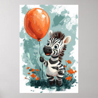Niedliches Zebra mit Orange Balloon Whimsical Illu Poster