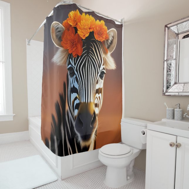 Niedliches Zebra mit orangefarbenen Blume Duschvorhang (Beispiel)