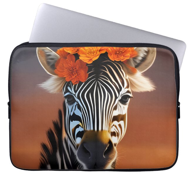 Niedliches Zebra mit orangefarbenen Blume Laptopschutzhülle (Vorderseite)