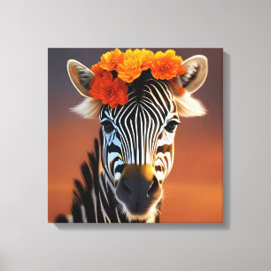 Niedliches Zebra mit orangefarbenen Blume Leinwanddruck