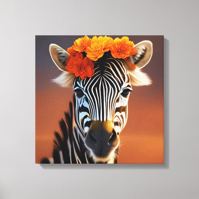 Niedliches Zebra mit orangefarbenen Blume Leinwanddruck (Vorderseite)