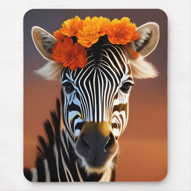 Niedliches Zebra mit orangefarbenen Blume Mousepad (Vorne)