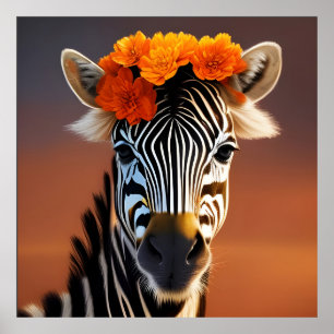 Niedliches Zebra mit orangefarbenen Blume Poster