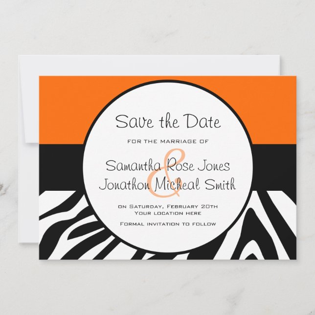 Niedliches Zebra Print Custom Orange Save the Date (Vorderseite)