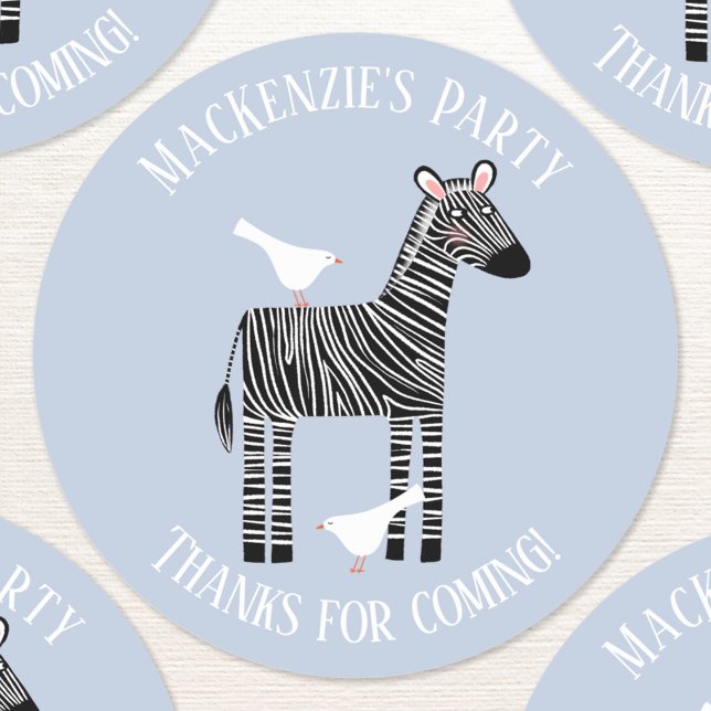 Niedliches Zebra Safari Party Vielen Dank Runder Aufkleber (Cute zebra custom text personalized kids birthday party thank you sticker)