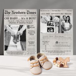 Niedliches Zeitungs-Foto Oh Baby Boy Dusche Einlad Einladung