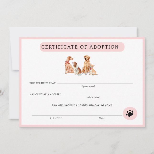Niedliches Zertifikat für die Adoption von Puppy i (Vorderseite)
