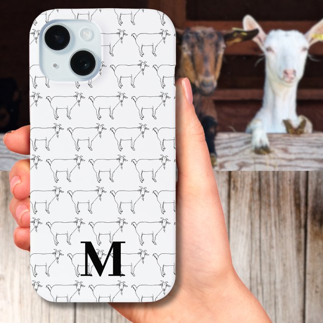 Niedliches Ziegenmuster Schwarz und Weiß Case-Mate iPhone Hülle (Cute goat drawing pattern black and white custom monogram initial iPhone case funny farm animal art)