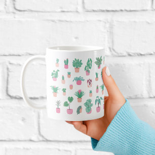 Niedliches Zimmerpflanzenmuster mit minimalistisch Kaffeetasse