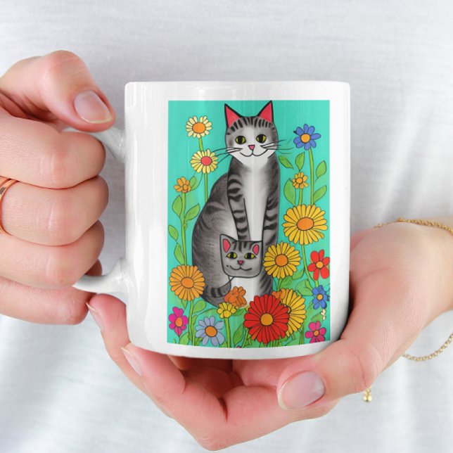 Niedliches Zitat von Whimsical Folk Art Cat and Ki Kaffeetasse (Von Creator hochgeladen)