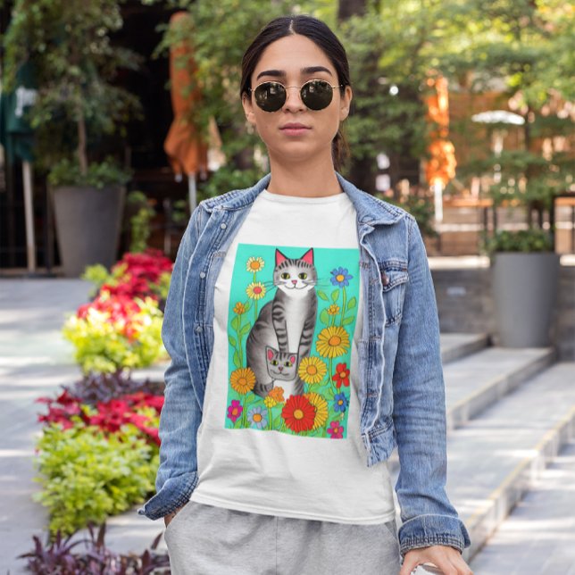 Niedliches Zitat von Whimsical Folk Art Cat and Ki T-Shirt (Von Creator hochgeladen)