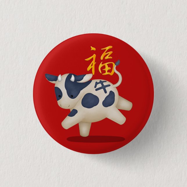 Niedliches Zodiac Ox "Fortune" Chinesisches Neujah Button (Vorderseite)