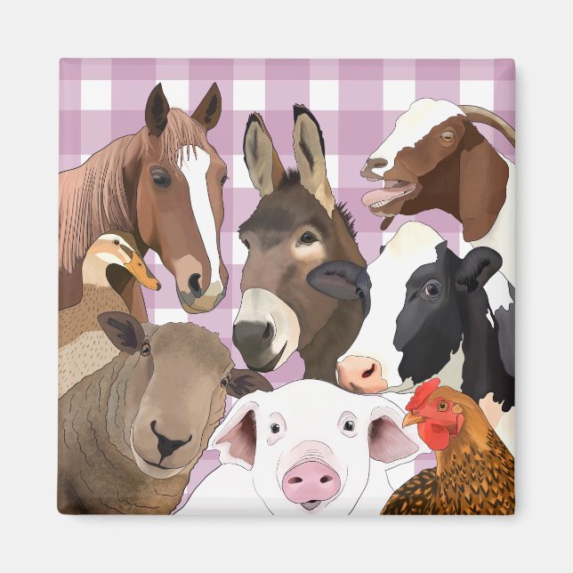 Niedliches Zuchttierportrait Gingham Karo - Lila Magnet (Vorne)