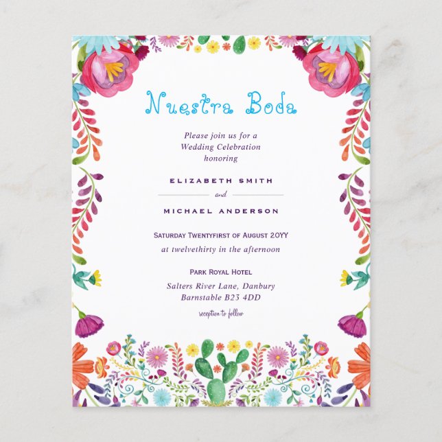 NIEDRIGSTE BUDGET Nuestra Boda Folk Blume Hochzeit Flyer (Vorne)