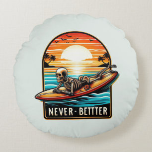 Niemals besser - Skelettsurfing Sunset Wave Rundes Kissen