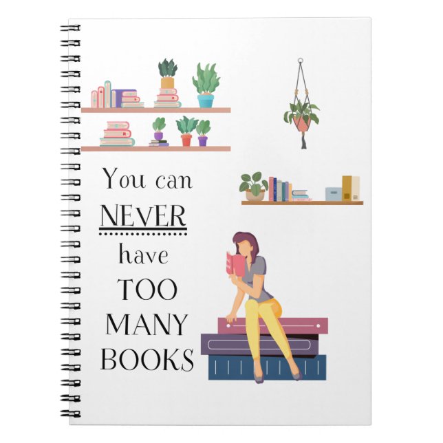 Niemals zu viele Bücher, die das Mädchen lesen Notizblock (Vorderseite)