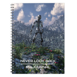 Niemals zurückblicken. Futuristische Landschaft mi Notizblock