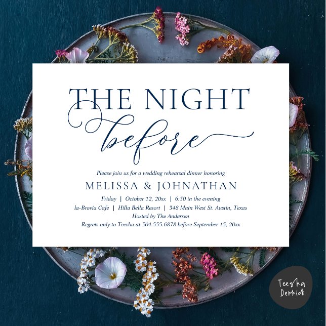 Night Before, Navy Blue, Probe Dinner Einladung (The Night Before, Romantic Wedding Rehearsal Dinner Invitation Card, PDF, Navy Blue)
