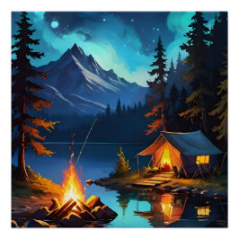 Night Campfire and Mountain View Poster