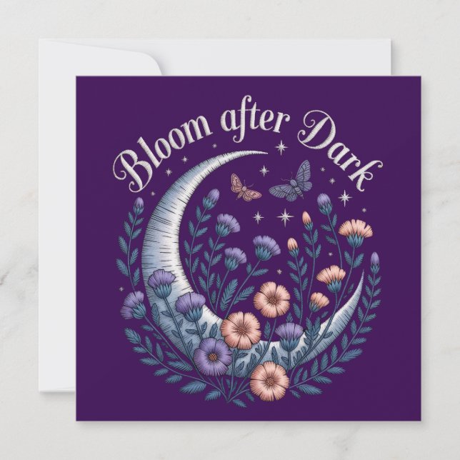 Night Garden Faux Embroidered Moon with Moths Karte (Vorderseite)