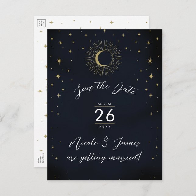 Night Gold Celestist Sunburst Foto Save the Date Ankündigungspostkarte (Vorne/Hinten)