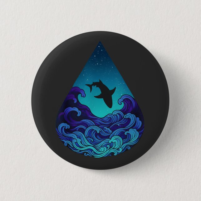 Night Ocean Shark Silhouette Teardrop Starry Sea Button (Vorderseite)