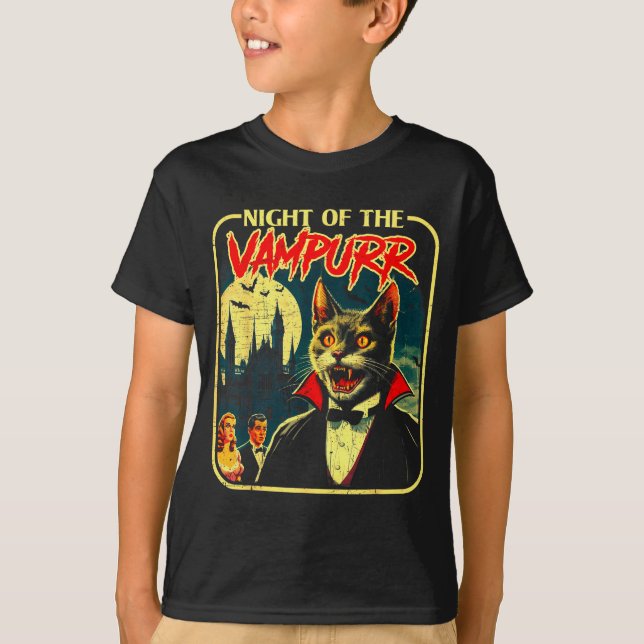 Night Of The Vampurr Funny Cat Halloween  T-Shirt (Vorderseite)