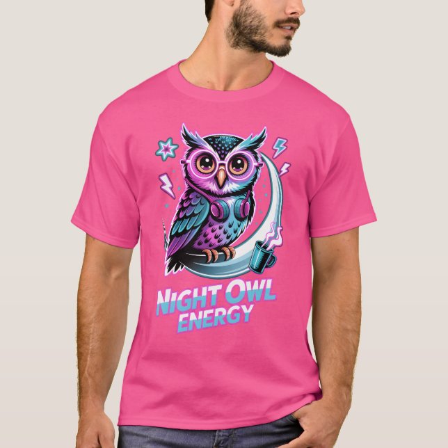 Night Owl Energy – Neon Uil Design T-Shirt (Vorderseite)