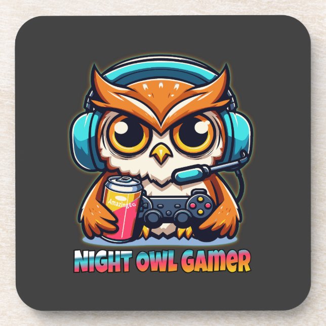 Night Owl Gamer Mascot Fun Gaming Illustration Getränkeuntersetzer (Vorderseite)
