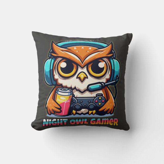 Night Owl Gamer Mascot Fun Gaming Illustration Kissen (Vorderseite)