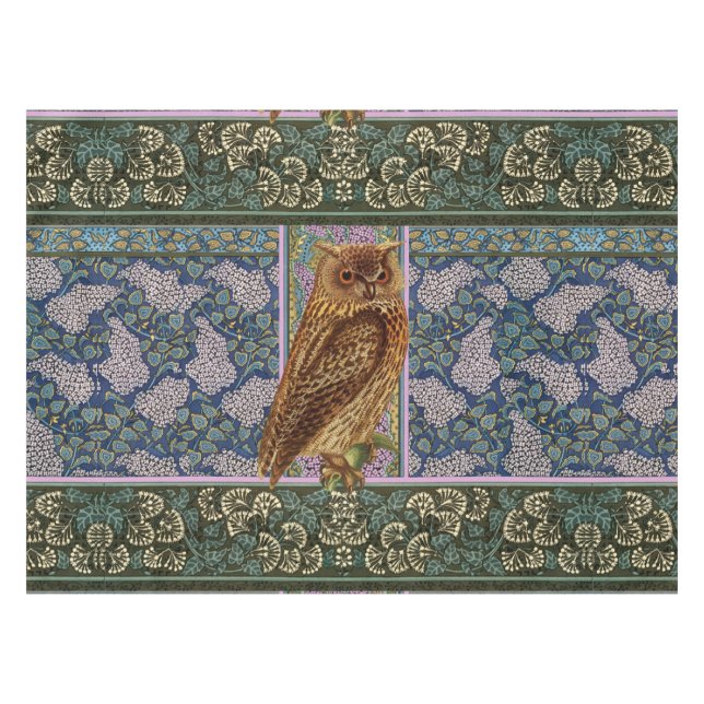 NIGHT OWL, LILACS, BLÄTTER Art Nouveau Dark Floral Tischdecke (Vorderseite (Horizontal))