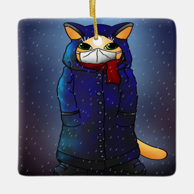 Night Rain Face Mask Cat Keramikornament (Vorderseite)