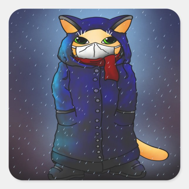 Night Rain Face Mask Cat Quadratischer Aufkleber (Vorderseite)