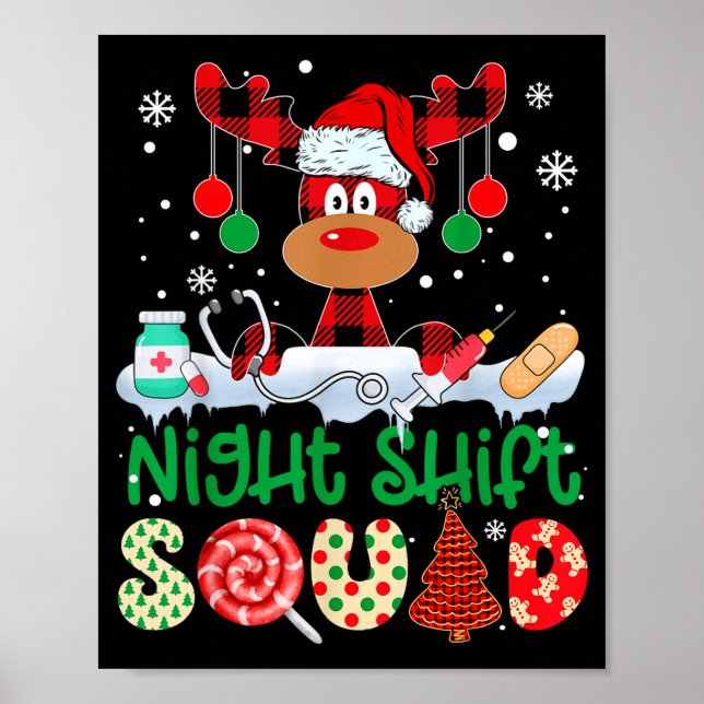 Night Shift Squad Nurse Reindeer Buffalo Red Plaid Poster (Vorne)