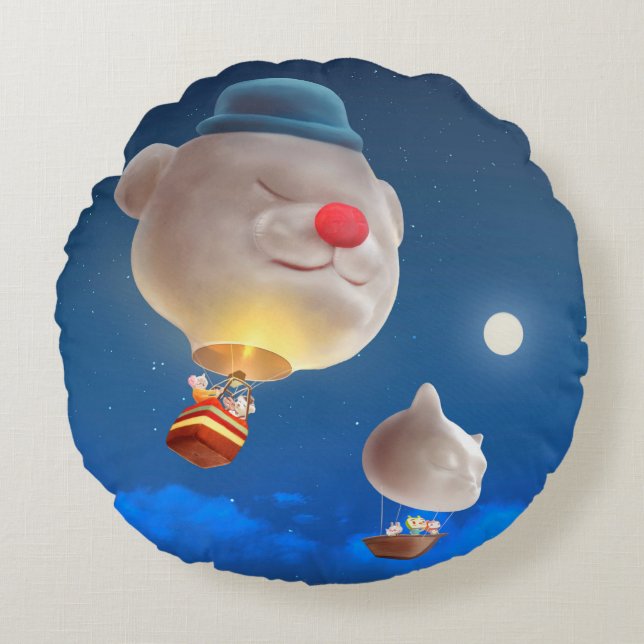 Night Sky Balloon Adventure Rundes Kissen (Vorderseite)