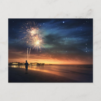 Night Sky Beach Fireworks Postkarte