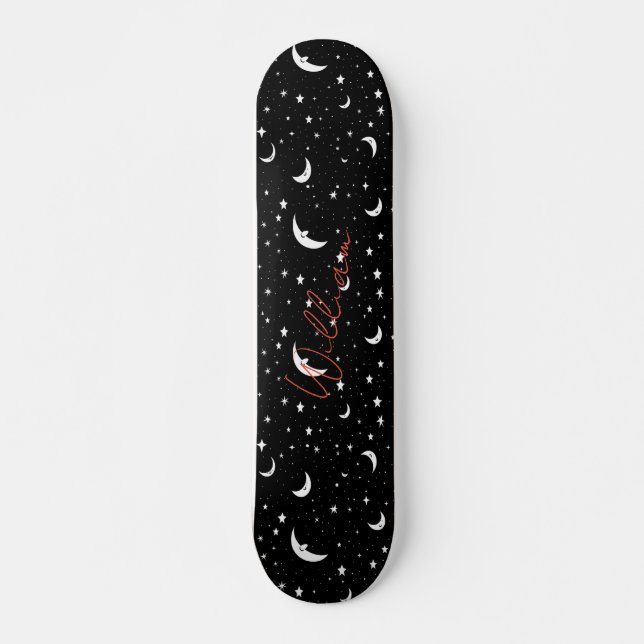 Night Sky Black Cartoon Moons Stars Pattern Skateboard (Vorne)