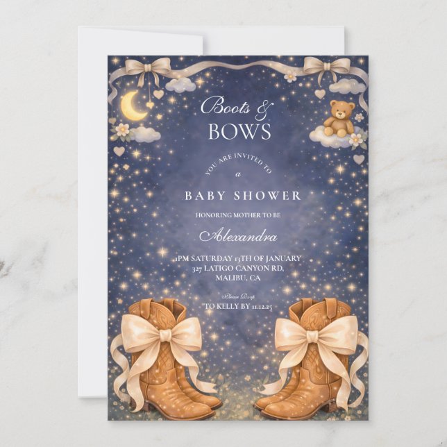Night Sky Boots And Bows Baby Shower Einladung (Vorderseite)