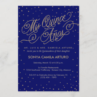 Night Sky Gold Stars & Navy Quinceñera Einladung