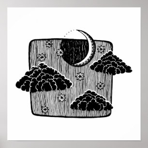 Night Sky Half Moon Clouds Hand Drawn Illustration Poster
