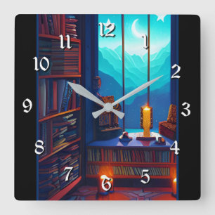 Night Sky Library Quadratische Wanduhr